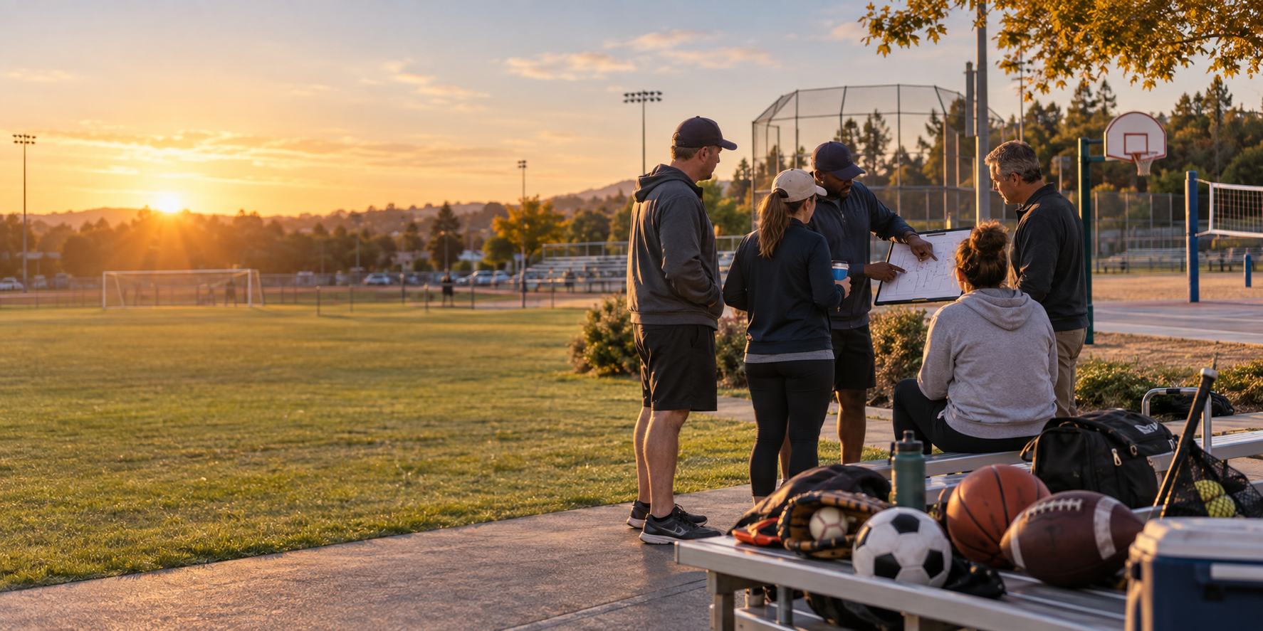 Volunteer youth sports leaders planning beside a community athletic complex with equipment from several sports